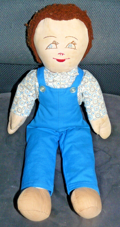 Unbranded Other - RARE VNTG cloth rag doll FARMER man in overalls red yarn hair embroidered face